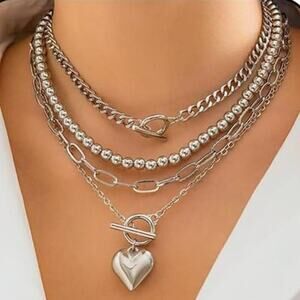 Chunky Silver Tone Necklace for Women Layered Necklaces Paperclip Chain 4 Pcs